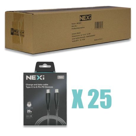 (25 Pack) | NEXi | Braided Nylon USB-C to Lightning PD Quick Charge Cable | 20W | 1 Meter | Black